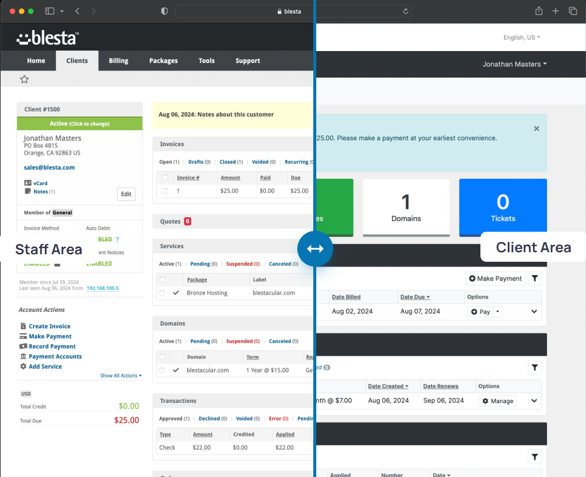 Blesta integration dashboard