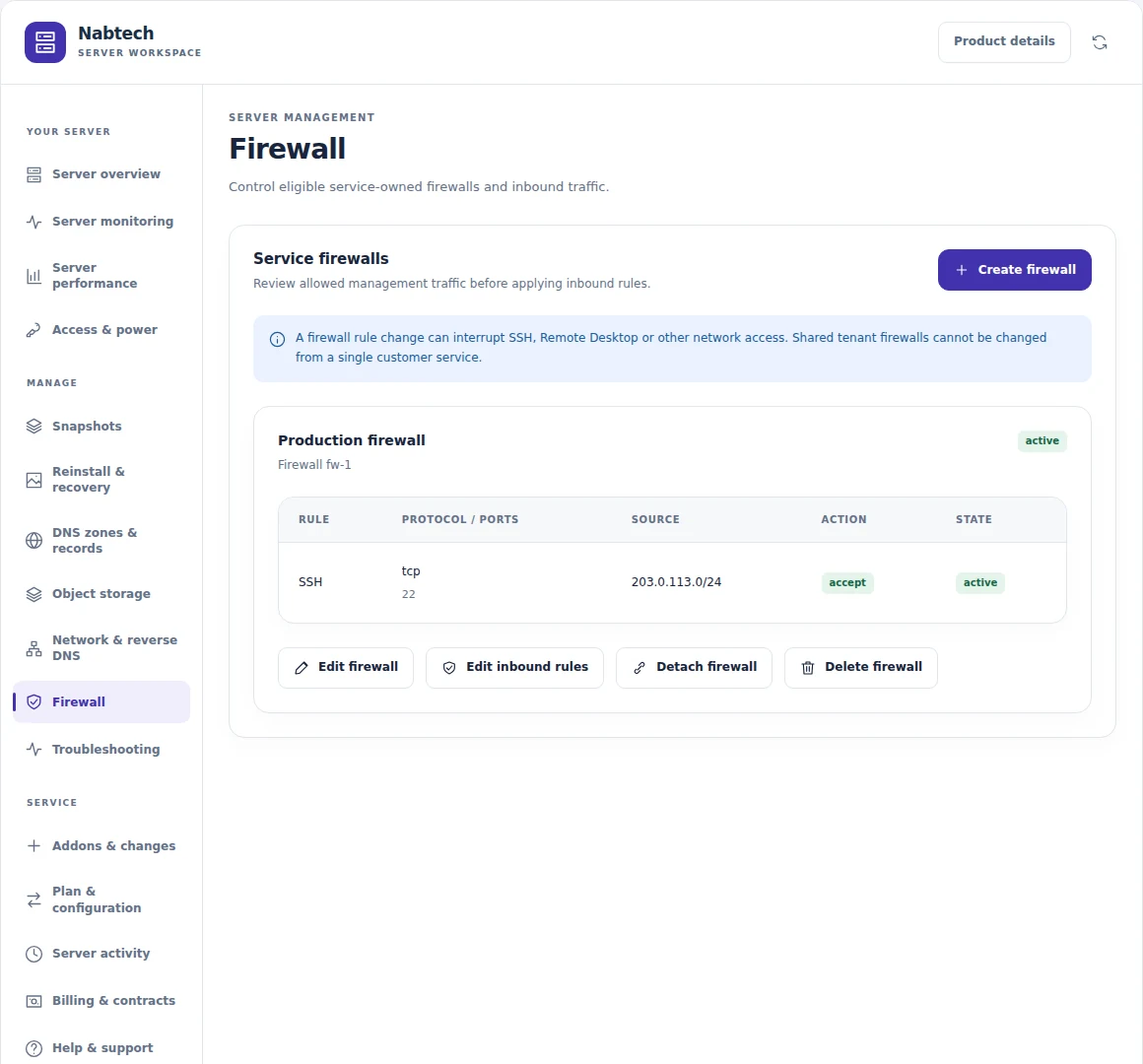 Contabo Manager: Manage a service-owned firewall