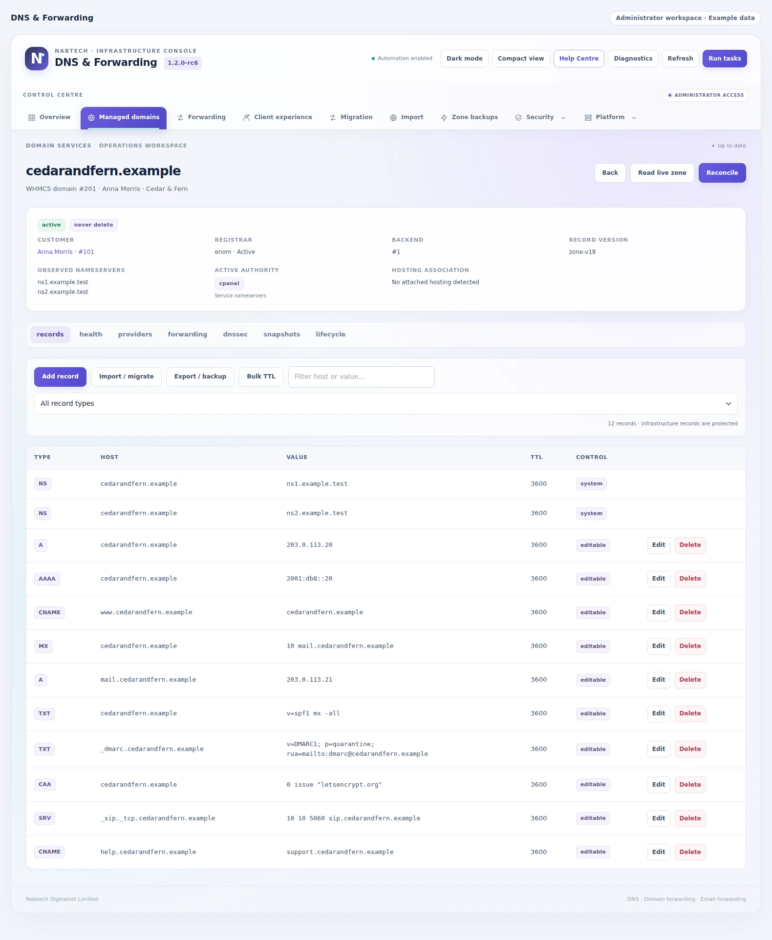 DNS & Forwarding: Work with the domain’s live record set