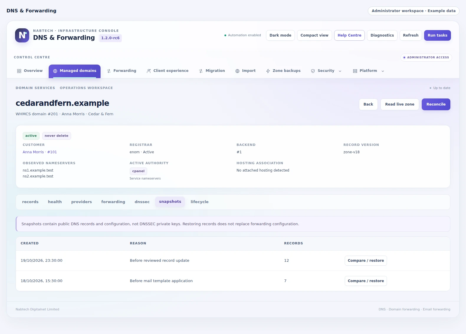 DNS & Forwarding: Compare a previous version of this domain