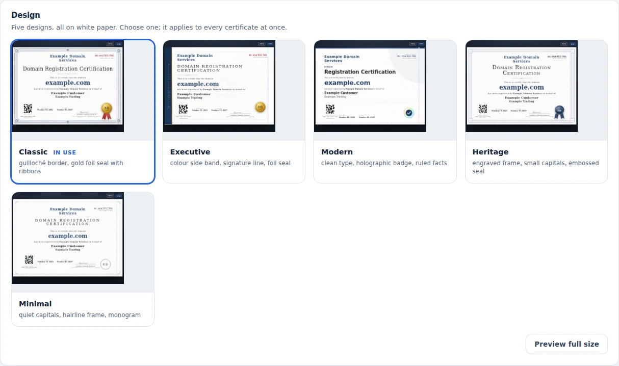 Domain Nexus: Choose the domain certificate’s design