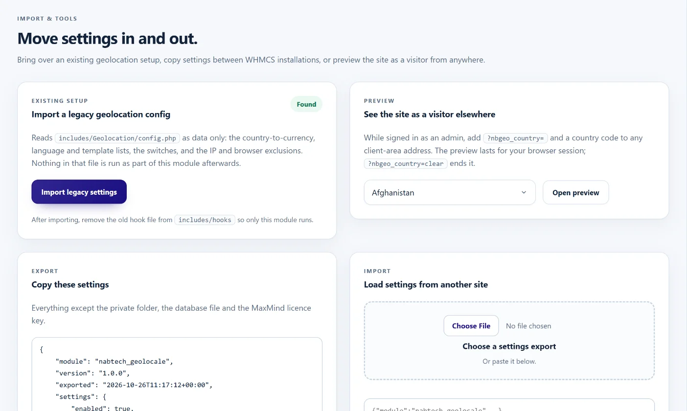 GeoLocale: Import, preview and move settings
