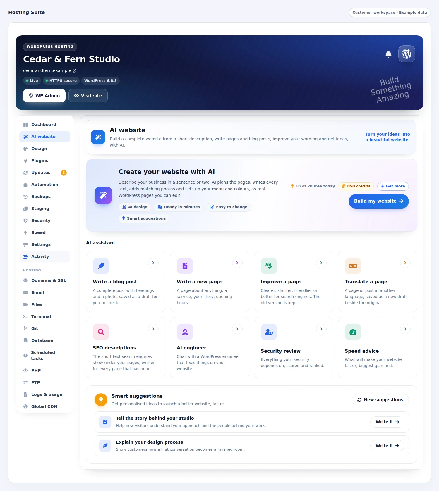 Hosting Suite: Create and improve a WordPress website with AI