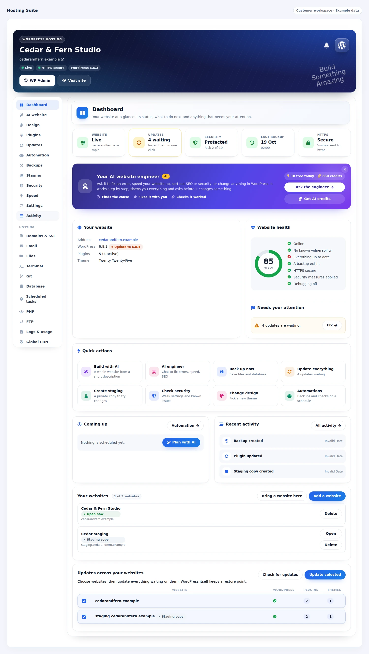 Hosting Suite: Manage WordPress from its own website dashboard