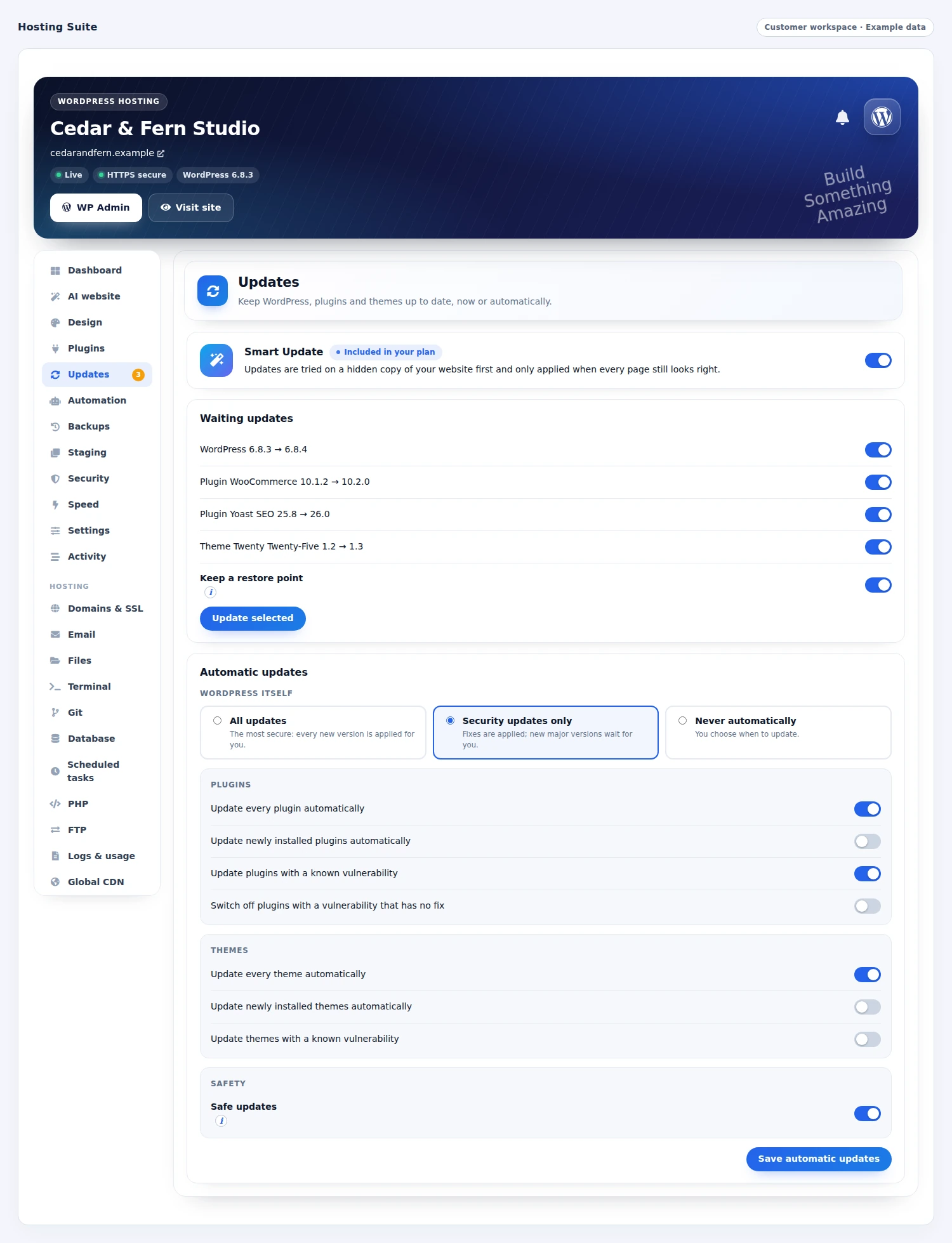 Hosting Suite: Choose how WordPress updates are applied