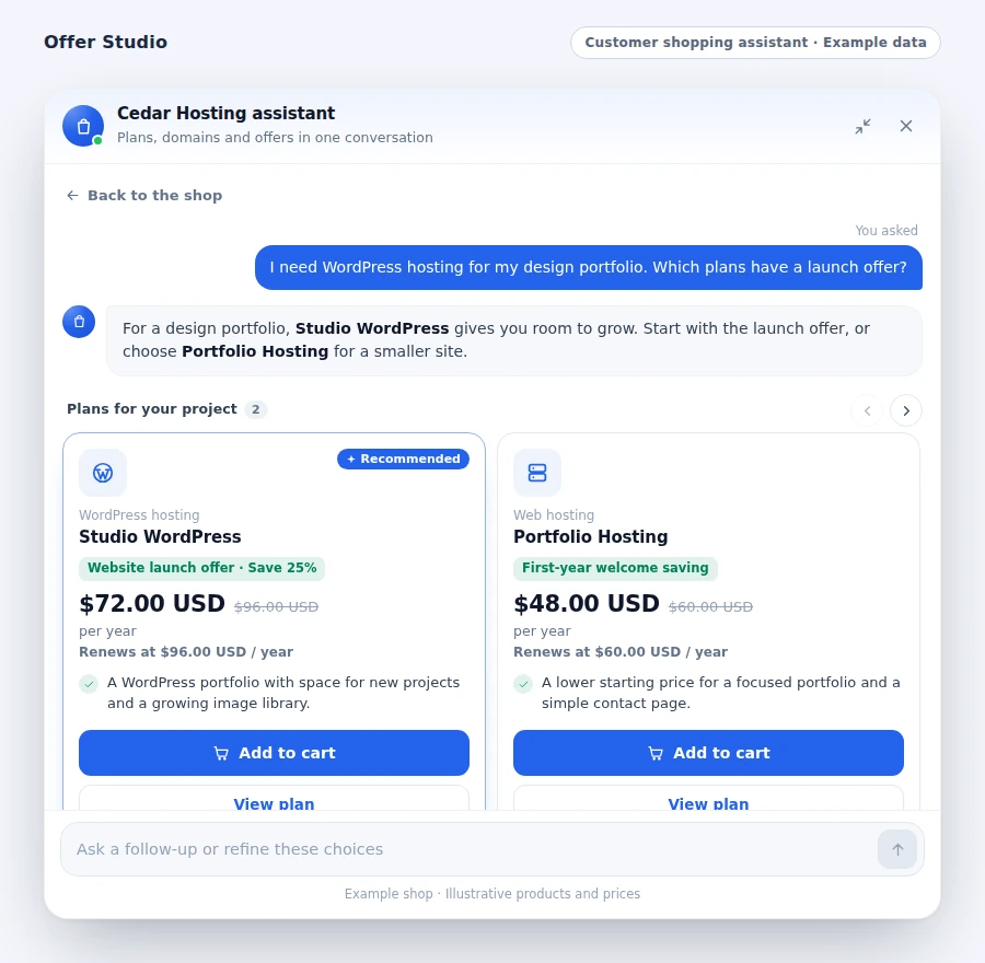 Offer Studio customer shopping assistant recommending two example hosting plans with launch offers and renewal prices.
