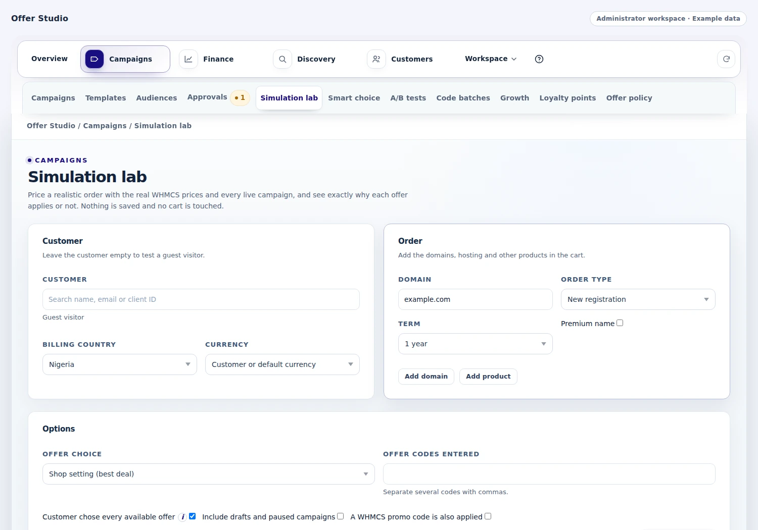 Offer Studio: Test a realistic customer order