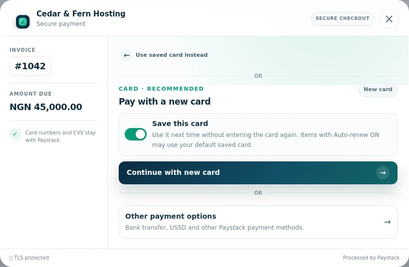 Paystack: Offer another method from the saved-card view