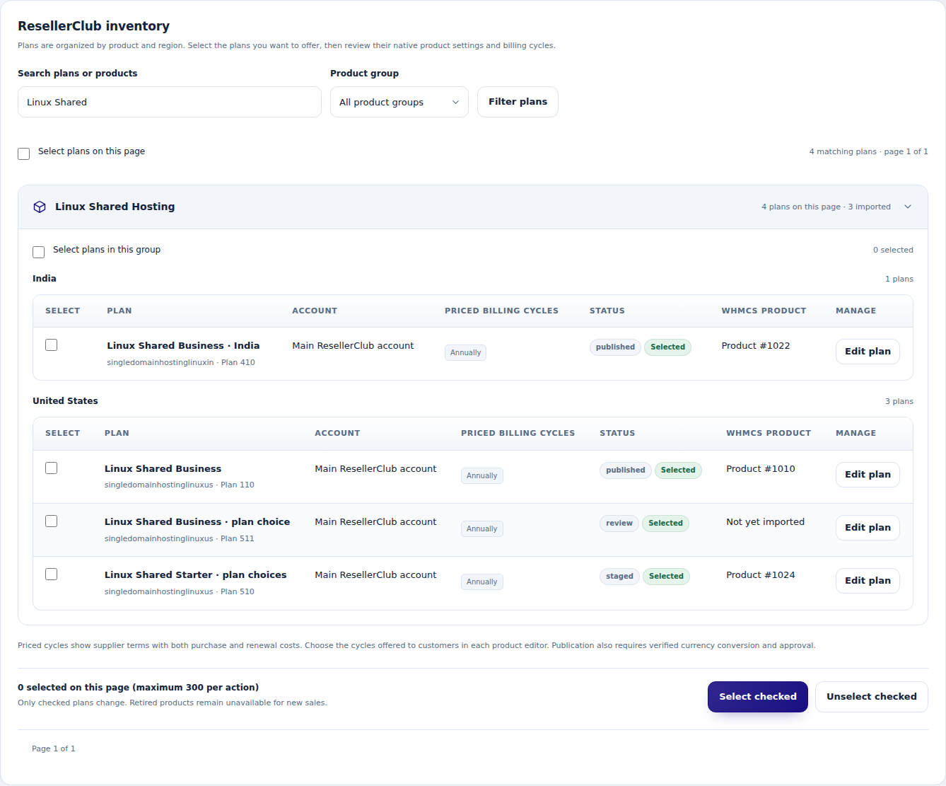 ResellerClub Manager: Choose the product plans to publish