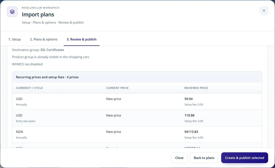 ResellerClub Manager: Review the products prepared for sale