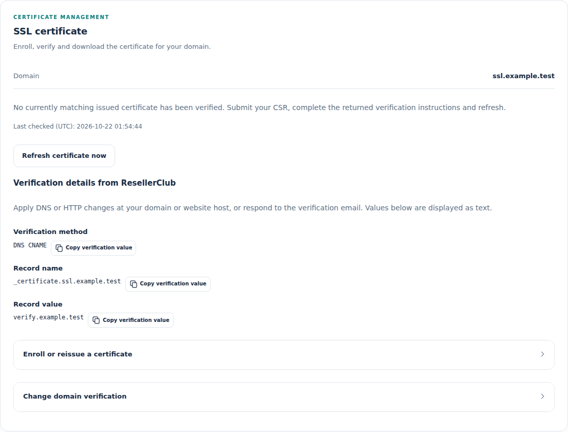 ResellerClub Manager: Follow the certificate’s current state